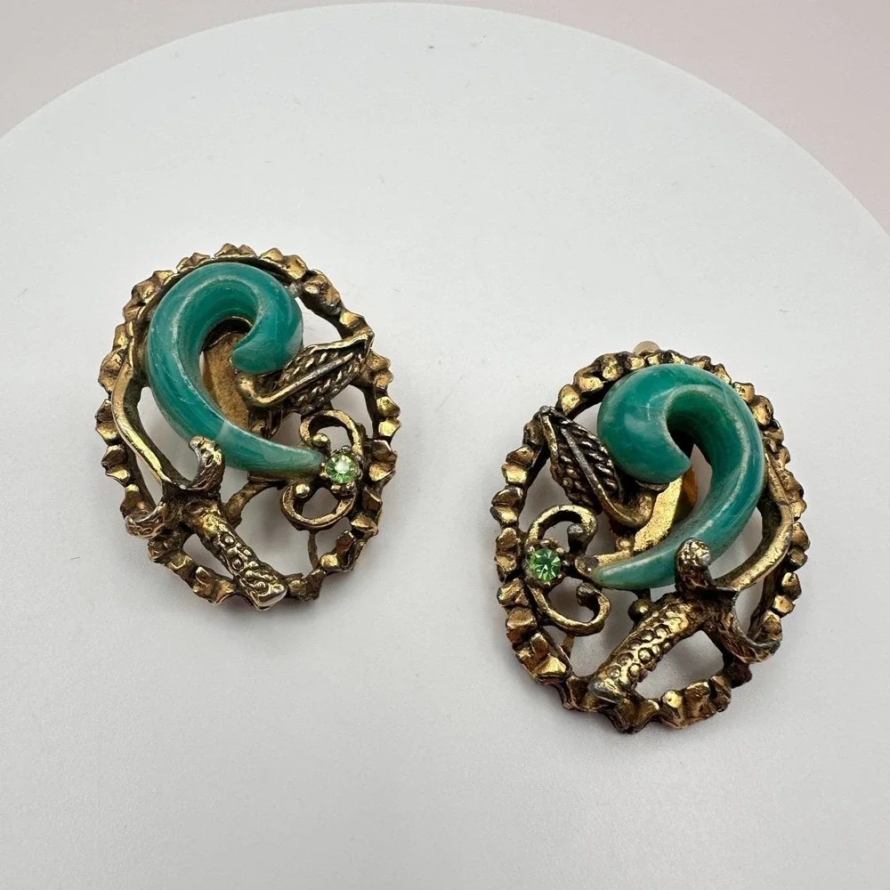 Vintage 80s Brass Tone Turquoise Green Cabochon Statement Clip Earrings Jewelry - Picture 4 of 9